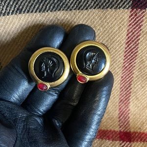 Vintage black intaglio glass Roman Centurion designer runway clip on earrings.